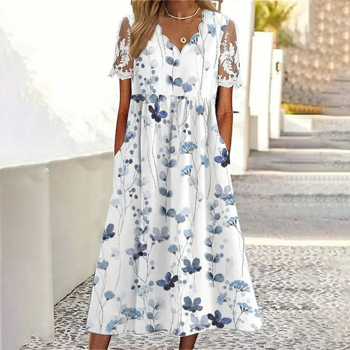Summer Fashion Floral Print V Neck Short Sleeve Swing Holiday Casual Dress