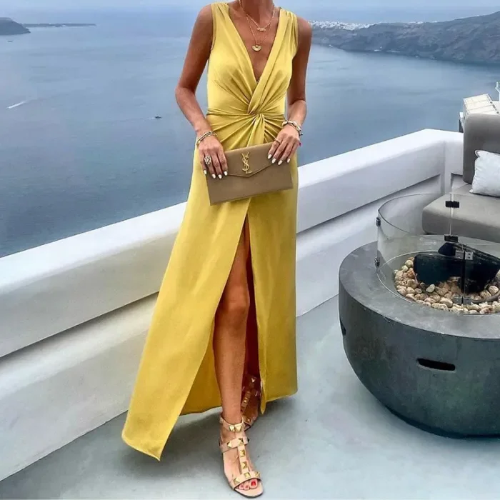 Summer Fashion Solid Color V Neck Slit Sleeveless Casual Maxi Dress