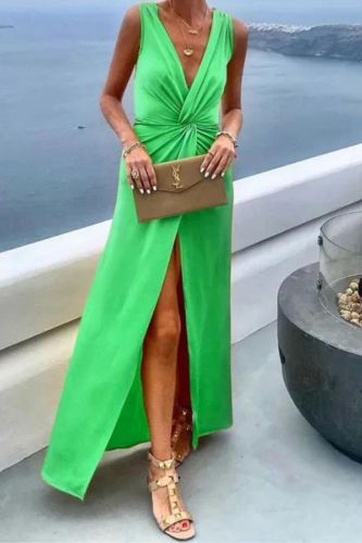Summer Fashion Solid Color V Neck Slit Sleeveless Casual Maxi Dress