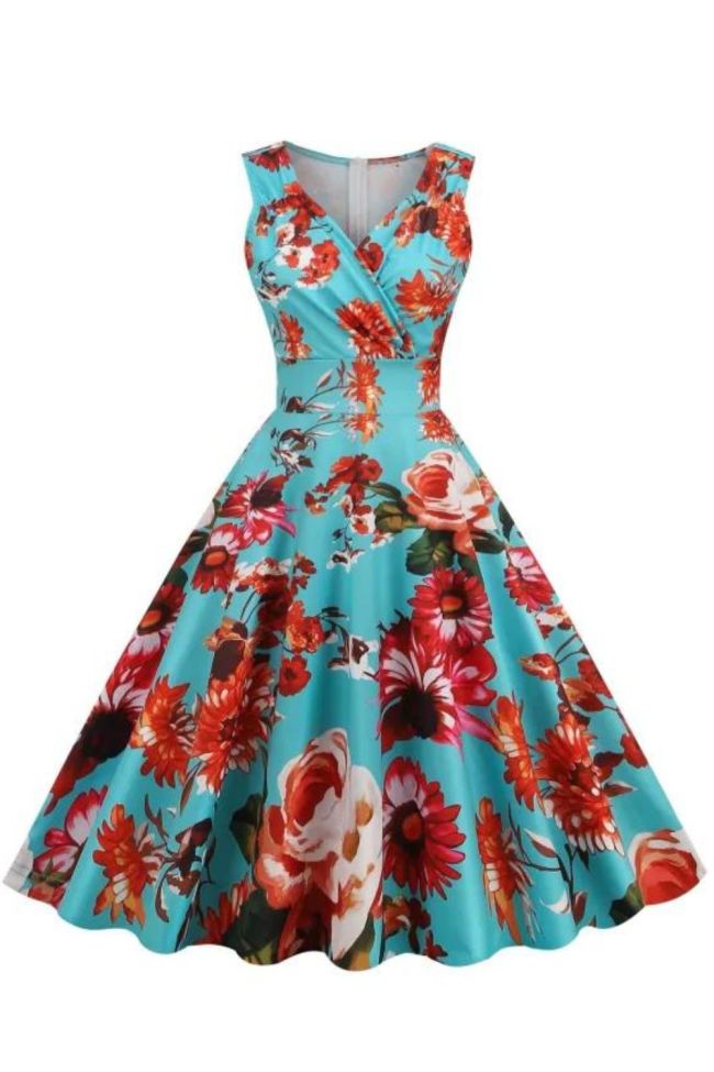 Trendy Floral Print 50s 60s Elegant Swing Party Lounge Vintage Dress