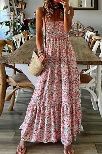 Chic Halter Loose Casual Ruffle A-Line Elegant Print Backless Beach Maxi Dress