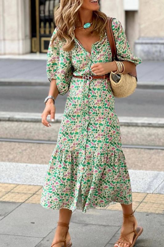 Fashion Print Elegant Balloon Sleeve Shirt Casual Beach Boho Midi Dress