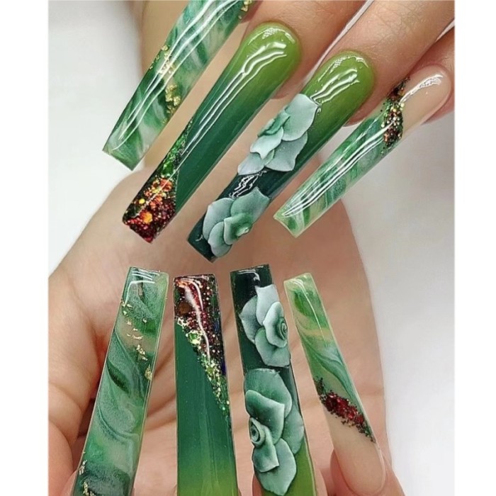Fashionable Green Grass Flowers Wearable Removable Fake Nail Art