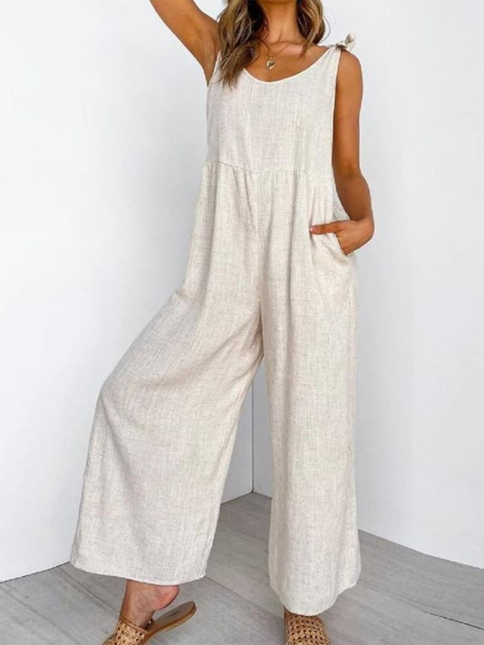 Fashion Solid Color Cotton Linen Casual Sleeveless Pocket Loose Jumpsuit