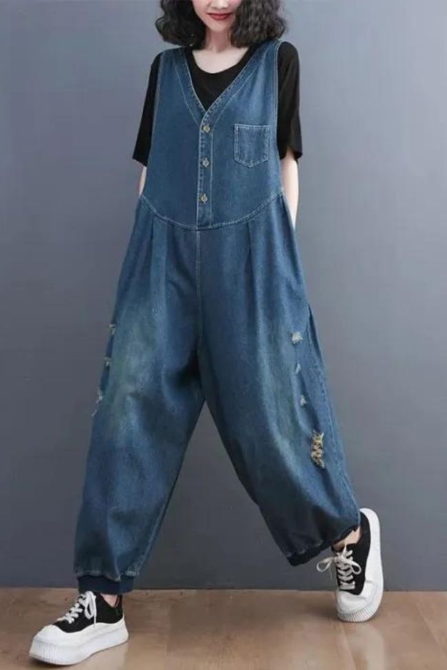 Women's Fashion Retro Loose Solid Color Casual Denim Jumpsuit