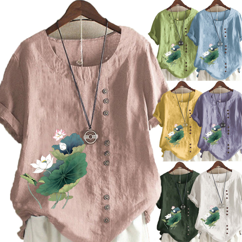 Summer Fashion Women's Lotus Flower Printed Linen Casual Loose Round Neck T-shirt