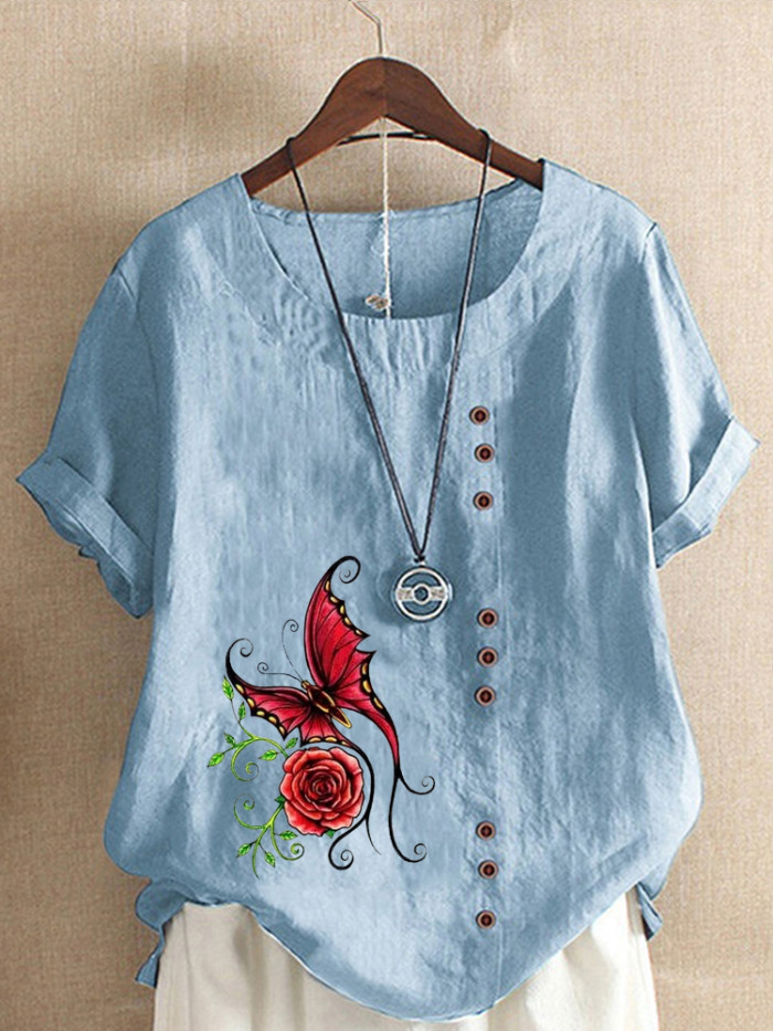 Women's New Fashion Linen Round Neck Butterfly Printed T-shirt