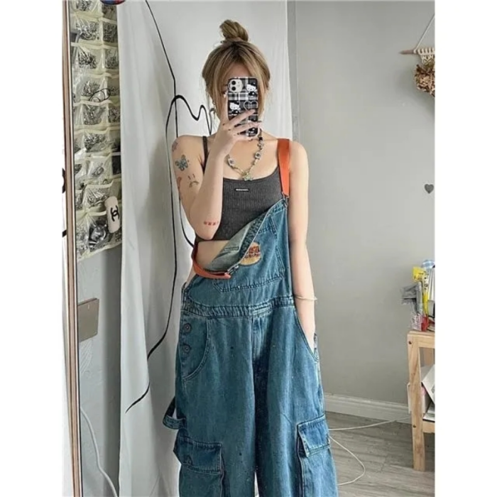 Women's Retro Loose High Waist Street Fashion Tooling Casual Young Denim Jumpsuit