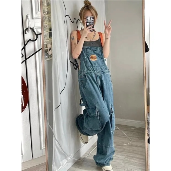 Women's Retro Loose High Waist Street Fashion Tooling Casual Young Denim Jumpsuit