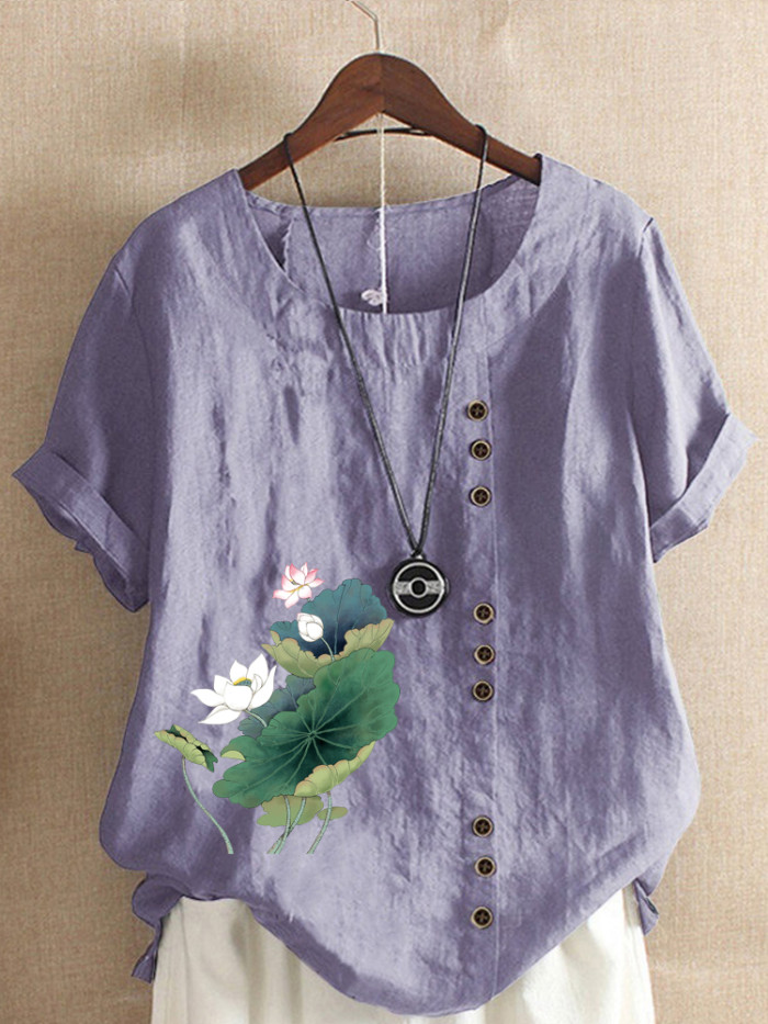 Summer Fashion Women's Lotus Flower Printed Linen Casual Loose Round Neck T-shirt