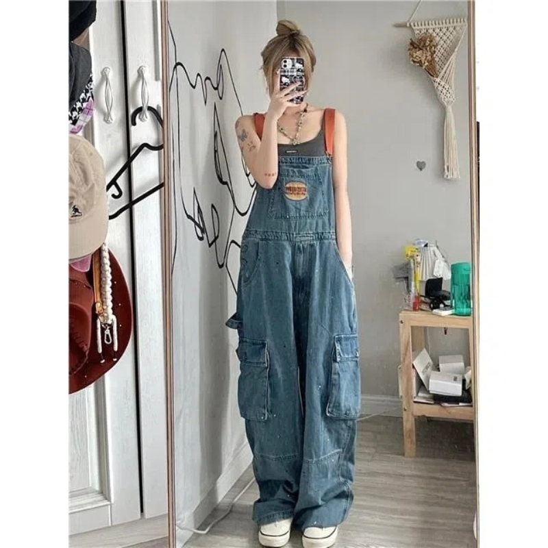 Women's Retro Loose High Waist Street Fashion Tooling Casual Young Denim Jumpsuit