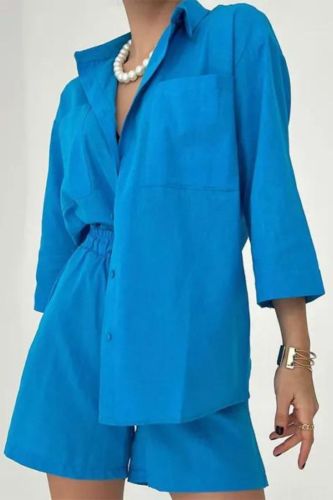 Women's Fashion Cotton Linen Solid Color Pocket Shirt Casual Shorts Two-piece Set