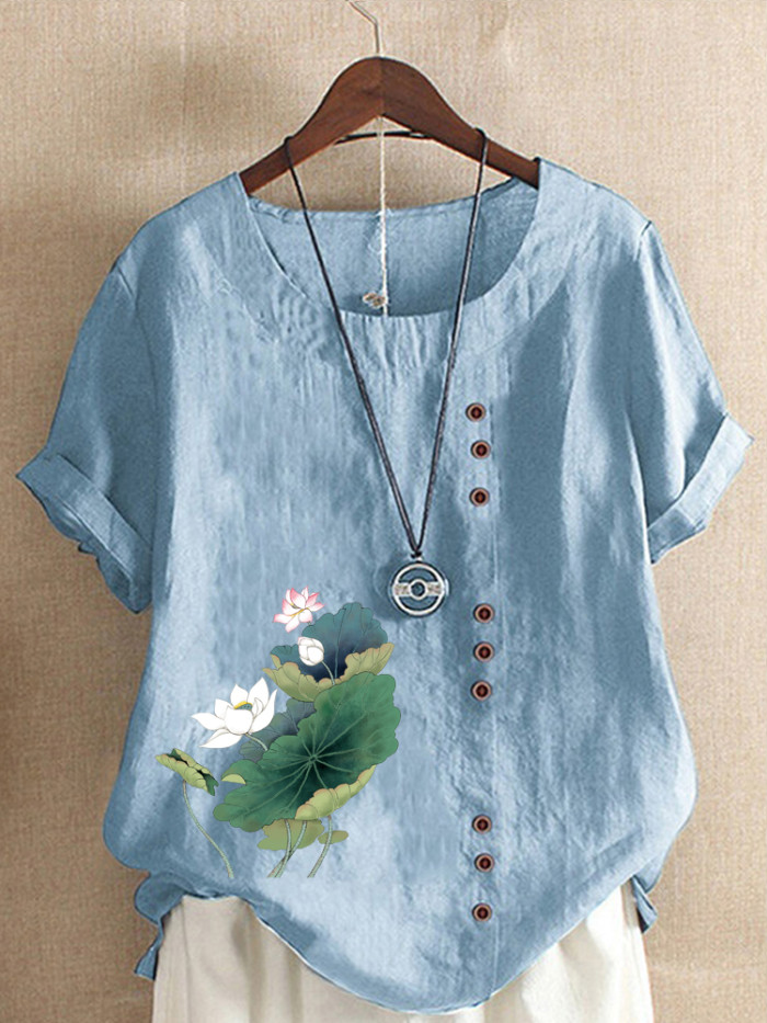 Summer Fashion Women's Lotus Flower Printed Linen Casual Loose Round Neck T-shirt