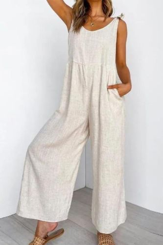 Fashion Solid Color Cotton Linen Casual Sleeveless Pocket Loose Jumpsuit
