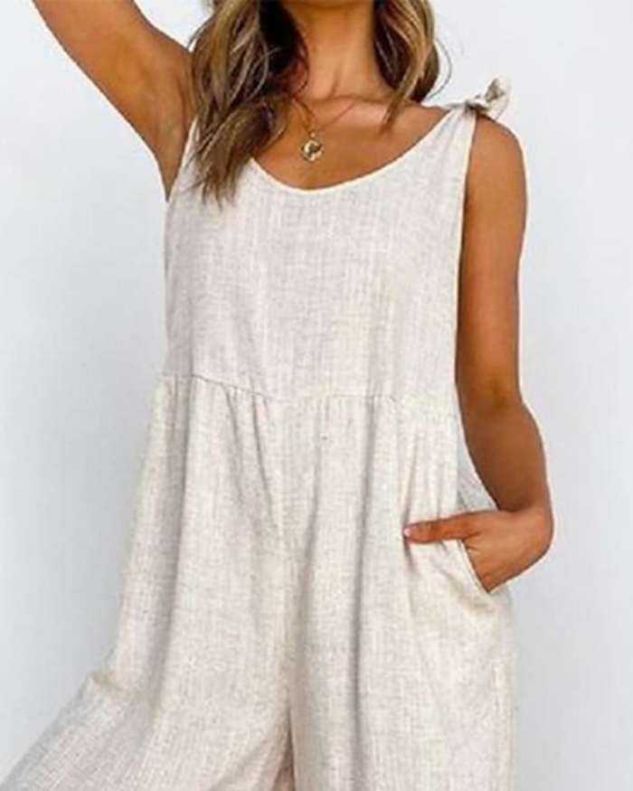 Fashion Solid Color Cotton Linen Casual Sleeveless Pocket Loose Jumpsuit