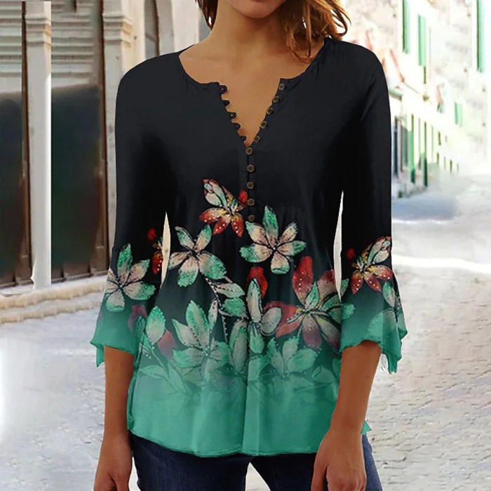 Summer Fashion V-Neck Loose Casual Half-Sleeve Top 3D Printed Blouses