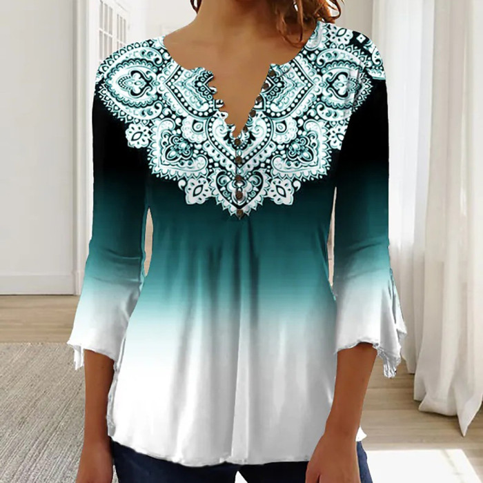 Women's V Neck Button Fashion Loose Casual Printed Three Quarter Sleeve T-Shirt