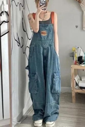 Women's Retro Loose High Waist Street Fashion Tooling Casual Young Denim Jumpsuit