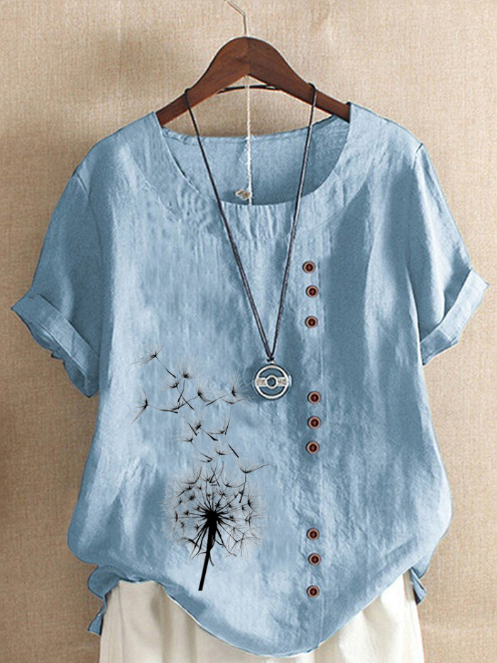 Women's Fashion Printed Short Sleeve Casual Round Neck Blouse Pullover Tops