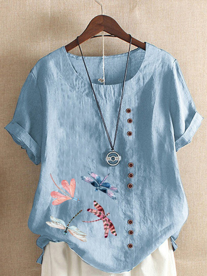 Women's Fashion Solid Color Printed Short Sleeve Casual Crew Neck Blouses