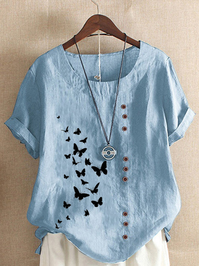 Women's Summer Fashion Casual Linen Round Neck Printed Loose  Blouses S-5XL