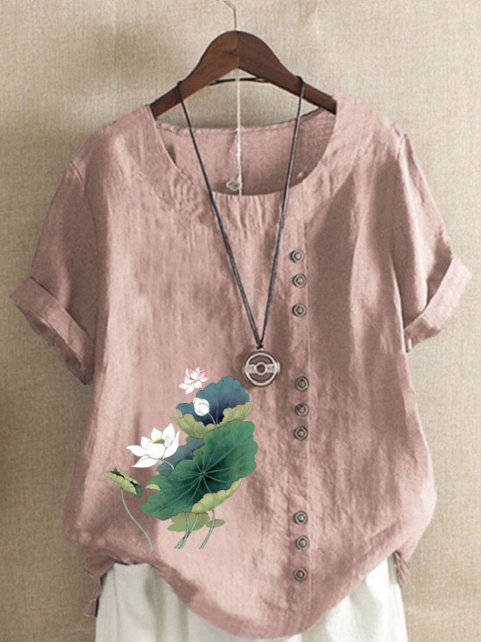 Summer Fashion Women's Lotus Flower Printed Linen Casual Loose Round Neck T-shirt