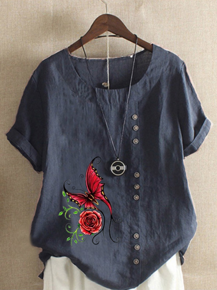 Women's New Fashion Linen Round Neck Butterfly Printed T-shirt