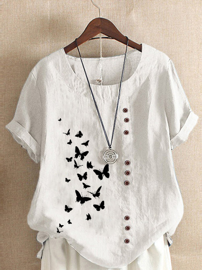 Women's Summer Fashion Casual Linen Round Neck Printed Loose  Blouses S-5XL