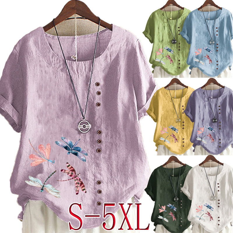 Women's Fashion Solid Color Printed Short Sleeve Casual Crew Neck Blouses