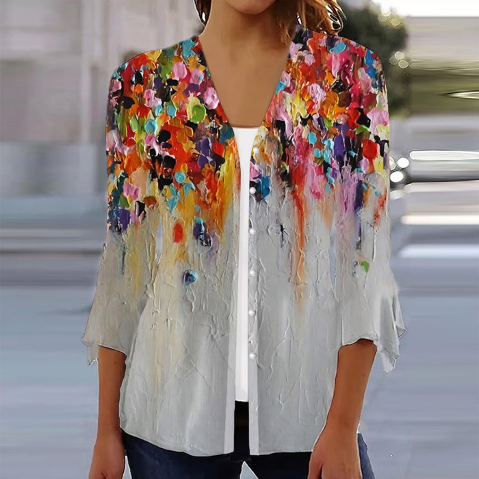 Women's Fashion Multicolor Printed Casual Thin Sunscreen Cardigan Top Blouses Shirts
