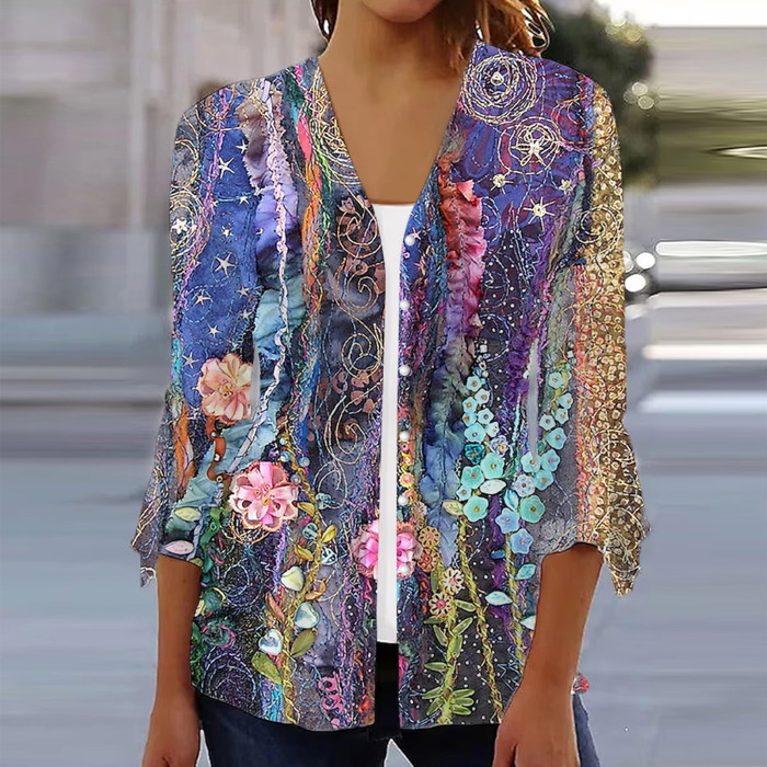 Women's Fashion Multicolor Printed Casual Thin Sunscreen Cardigan Top Blouses Shirts