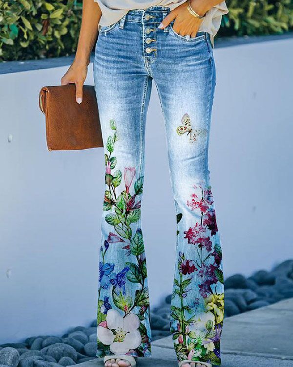 Plus Size Ladies Casual Floral Thin Fashion Loose Jeans