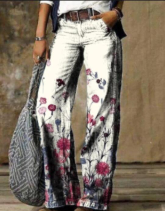 Floral Women's High Waist Straight Leg Wide Fashion Loose Jeans