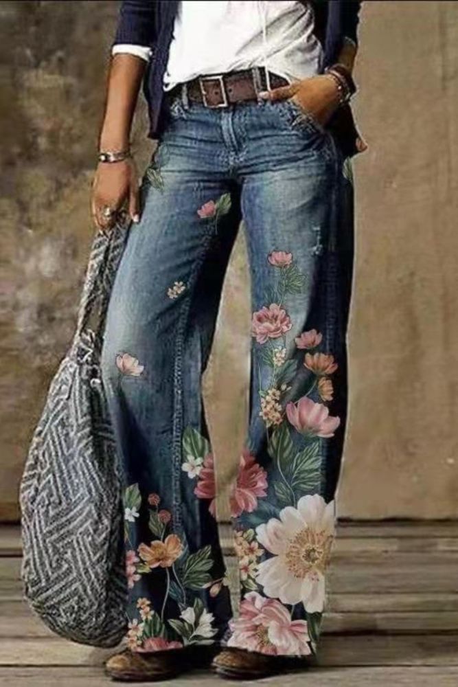 Floral Women's High Waist Straight Leg Wide Fashion Loose Jeans