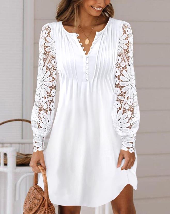 Women's Fashion White Elegant Contrasting Color Lace Long Sleeve Casual Dress