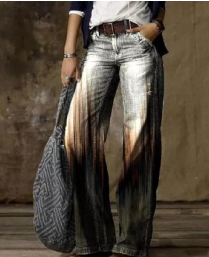 Floral Women's High Waist Straight Leg Wide Fashion Loose Jeans