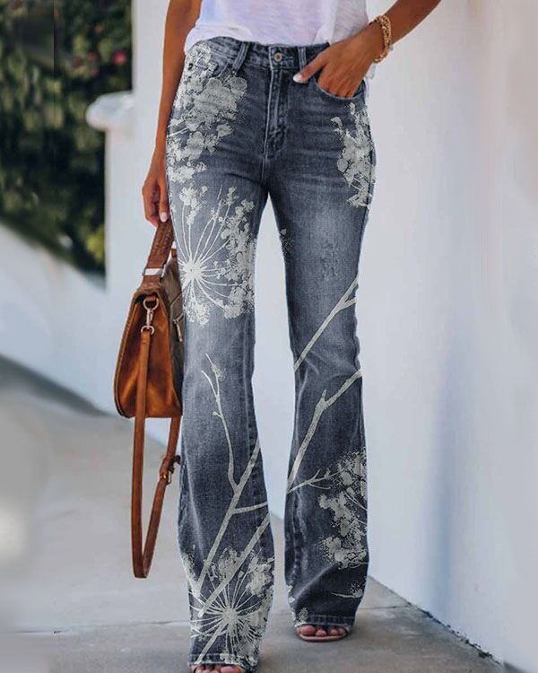 Plus Size Ladies Casual Floral Thin Fashion Loose Jeans