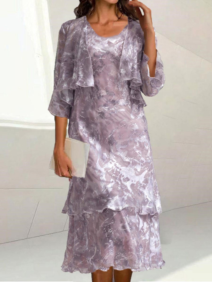 Summer Women's Half Sleeve Casual Fashion Printed Round Neck Two-Piece Midi Dress