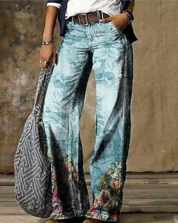 Floral Women's High Waist Straight Leg Wide Fashion Loose Jeans