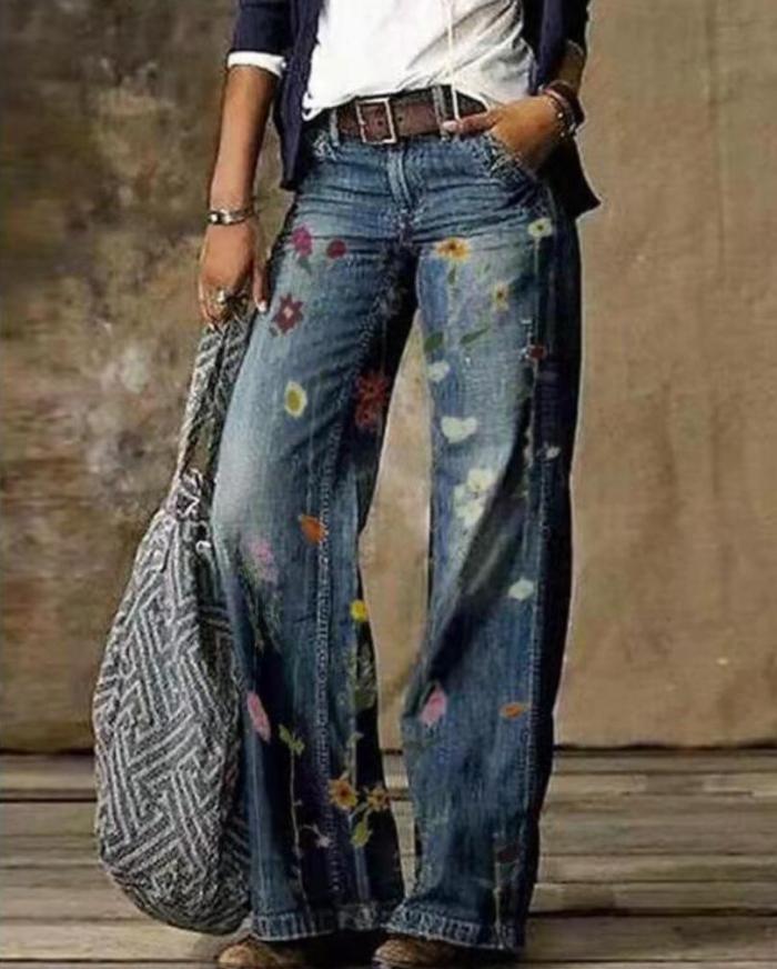 Floral Women's High Waist Straight Leg Wide Fashion Loose Jeans