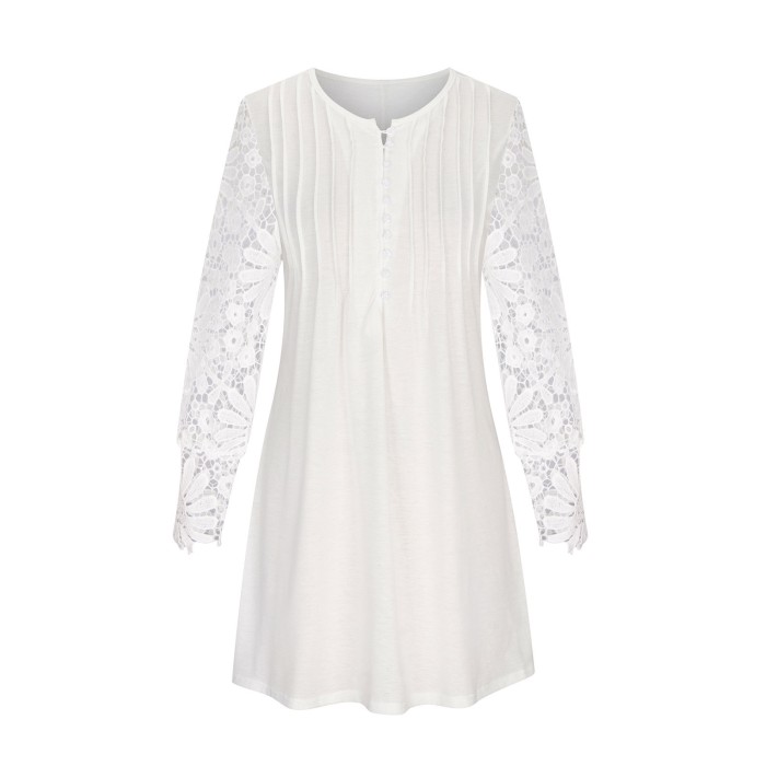 Women's Fashion White Elegant Contrasting Color Lace Long Sleeve Casual Dress