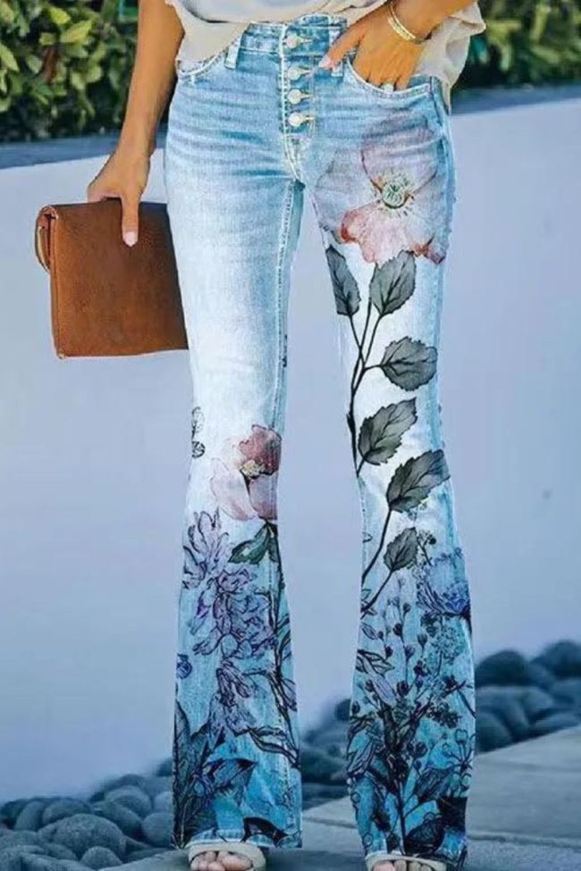 Plus Size Ladies Casual Floral Thin Fashion Loose Jeans