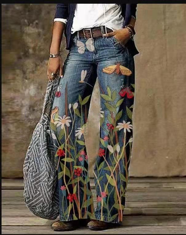 Floral Women's High Waist Straight Leg Wide Fashion Loose Jeans