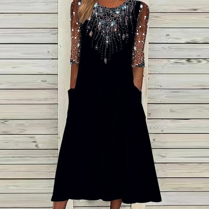 Fashion Elegant Sequin Sparkle Party Sexy Crewneck A-Line Cutout Office Midi Dress