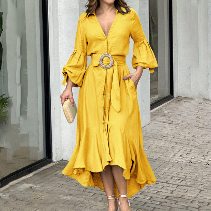 Women Elegant Solid Color Lantern Sleeve Ruffle Hem Pocket Design Belt Maxi Dress