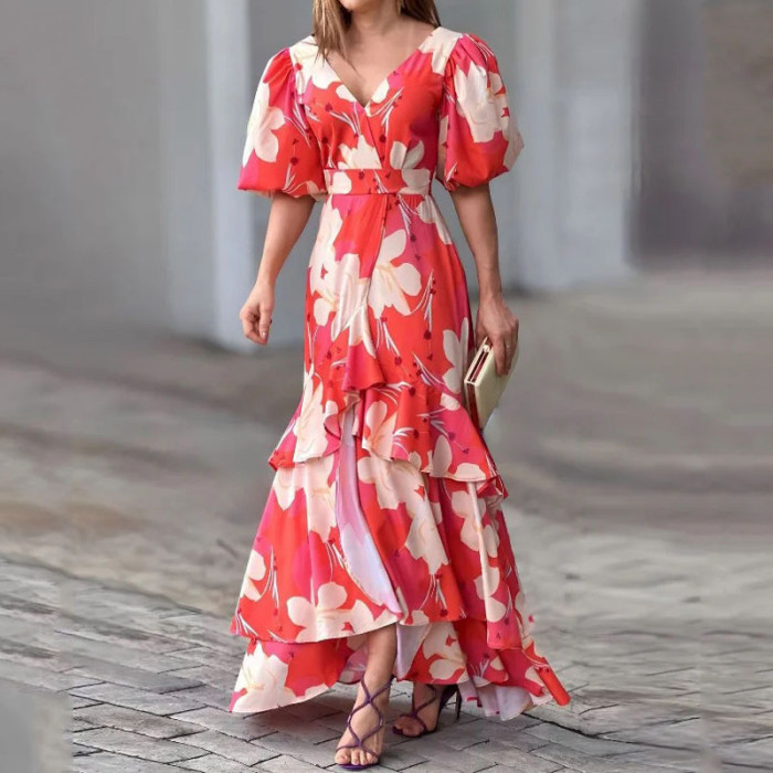 Women's V-neck High Waist Elegant Flower Print Puff Sleeve Holiday Maxi Dresses