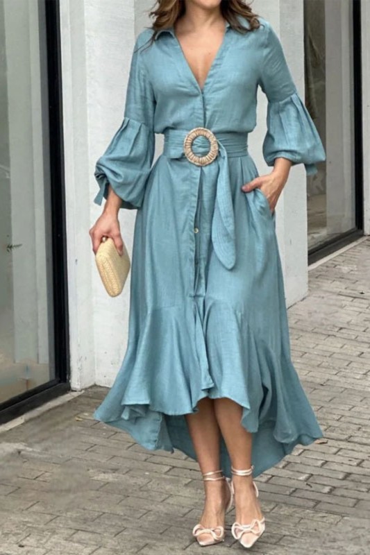 Women Elegant Solid Color Lantern Sleeve Ruffle Hem Pocket Design Belt Maxi Dress