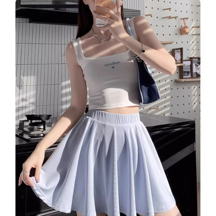 Ice Thin Loose A-shaped Pattern Elastic Waistline Solid Color Casual Sports Mini Skirt
