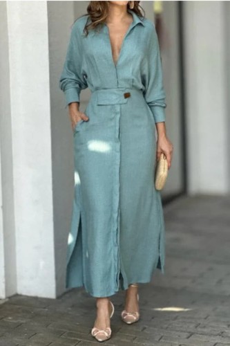 Women Solid Split Long Sleeve With Pockets Streetwear Maxi Dresses