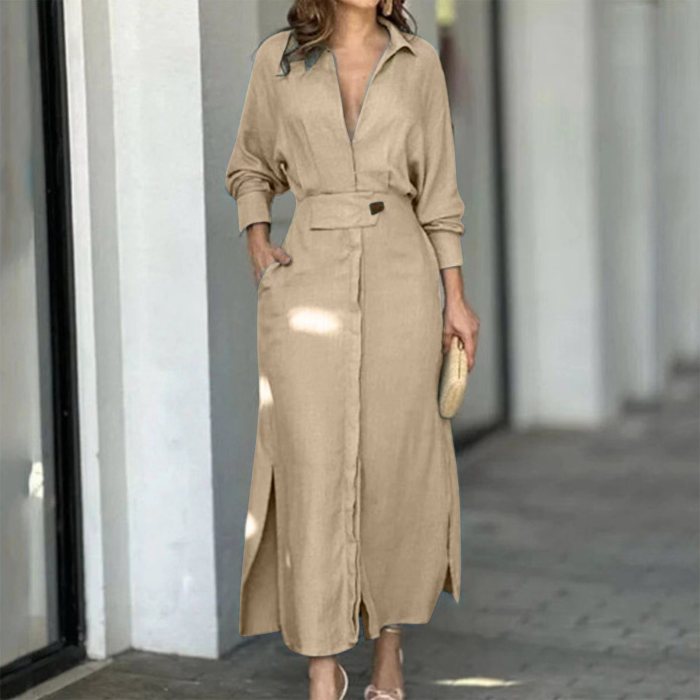 Women Solid Split Long Sleeve With Pockets Streetwear Maxi Dresses